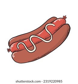 Hand drawn hotdog, street food icon. Hotdog illustration, doodle, clip art, sticker for posters, prints, cards, menu, sublimation, etc. EPS 10