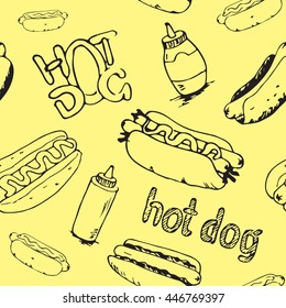 Hand drawn hotdogs seamless pattern. Fast food background. Repeating sketchy texture of hot dogs with mayonnaise, plastic bottles with sauce and text labels. EPS8 vector illustration.