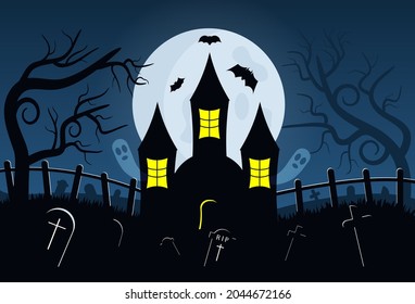 Hand Drawn Hounted Hause and Graveyard in the middle of the night in Flat Design, Good For Halloween