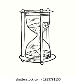 Hand Drawn Hourglass, Sand Glass, Sand Timer, Sand Clock Or Egg Timer. Ink Black And White Drawing. Vector Illustration