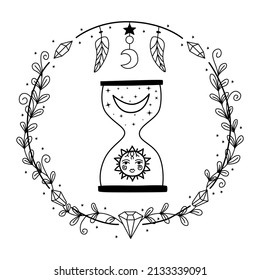 Hand drawn hourglass with sun and moon. Astrological symbol with clock. Magic time. Witch symbol for divination