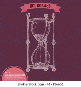 Hand drawn hourglass. Tattoo design, mystic time symbol, romantic drawing. Illustration in dot art style. Sketch isolated on vintage background.
