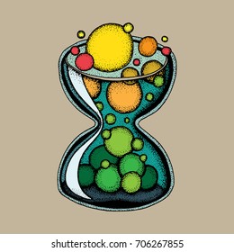 Hand drawn hourglass. Time flow color illustration.
Seconds, minutes and hours flying like bubbles.