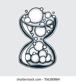 Hand drawn hourglass. Time flow color illustration.
Seconds, minutes and hours flying like bubbles.