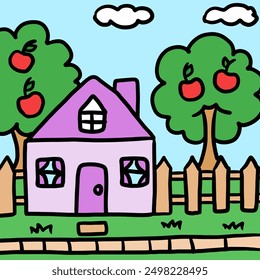 Hand drawn house with apple tree, fence, blue sky for landscape background, wallpaper, backdrop, post card, home, family trip, vacation, travel, souvenir shop, park, outdoor, nature, garden, scenery