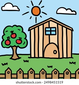 Hand drawn house with apple tree, fence, blue sky for landscape background, wallpaper, backdrop, post card, home, family trip, vacation, travel, souvenir shop, park, outdoor, nature, garden, scenery