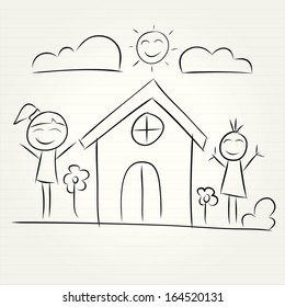 Hand Drawn of house and children