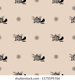 Hand drawn house and crow bird seamless pattern for halloween theme. Horror illustration vintage sketch.