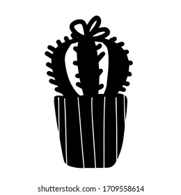 Hand drawn house plant round cactus in pot in doodle cartoon style isolated on white background. Vector silhouette potted plant collection. Quarantine positive doodle icons, home floral element.