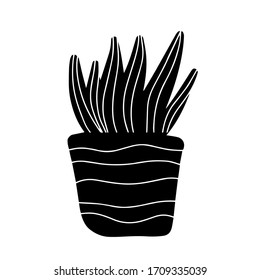 Hand drawn house plant succulent in pot in doodle cartoon style isolated on white background. Vector silhouette potted plant collection. Quarantine positive doodle icons, home floral element.