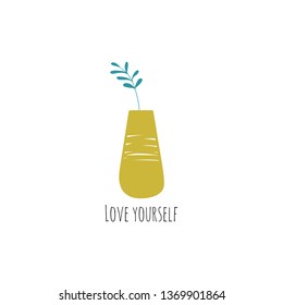 Hand drawn  house plants and flowers. Scandinavian style illustration. Motivation card. Love yourself. Vector illustration. 