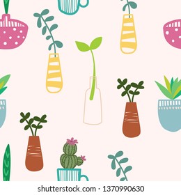 Hand drawn house plants and flowers. Scandinavian style illustration. Seamless pattern. Vector illustration. 
