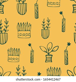 Hand drawn house plants in pots and flowers in vases seamless vector pattern for wrapping paper,prints.