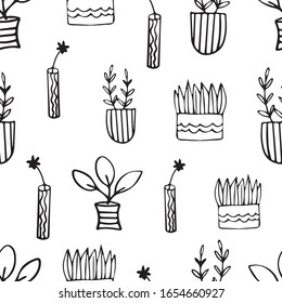 Hand drawn house plants in pots and flowers in vases seamless vector pattern for wrapping paper,prints.