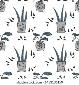 Hand drawn house plants. Scandinavian style illustration, seamless pattern for fabric, wallpaper or wrap paper. Vector design.