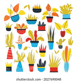 Hand drawn house plants set. Flat style vector illustration isolated on white background. Indoor houseplants in pots. Potted doodle  plants collection. 

