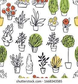 Hand drawn house plants. Vector seamless pattern.