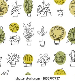 Hand drawn house plants. Vector seamless pattern.