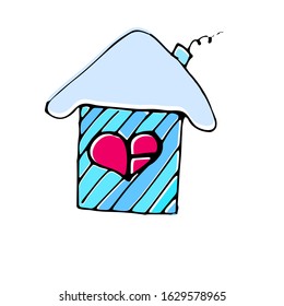 Hand drawn house with roof and pink heart window. Blue home. Valentine's day