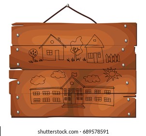 Hand drawn house set on wooden plank background. Vector illustration.