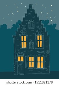Hand drawn house silhouette with yellow windows 