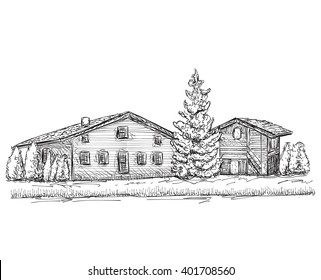 Hand drawn house sketch. Doodles tree. Village house.