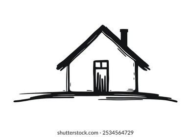 Hand drawn house sketch, features a pitched roof, chimney, window, and door.