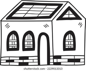 Hand Drawn house with solar illustration isolated on background