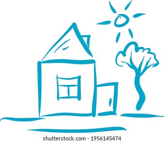 Hand drawn House with Sun and Trees. Simple Painting. Hand painted nature. Home. Ideal for Property development, real estate agent websites.
