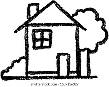 hand drawn house with a tree crayon drawing vector illustration