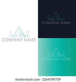 Hand drawn house and trees logo design. Flat logo template. Luxury real estate logotype.