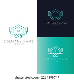 Hand drawn house and trees logo design. Flat logo template. Luxury real estate logotype.
