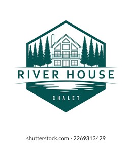 Hand drawn house and trees logo design. River house chalet emblem. Luxury real estate logotype.