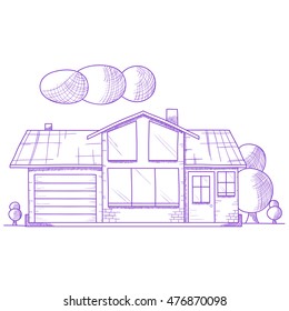 Hand drawn house with trees on ground