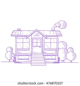 Hand drawn house with trees on ground