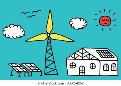 Hand drawn house, wind turbine and solar cells in alternative energy concept illustration