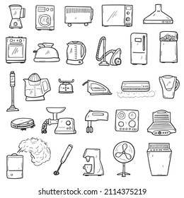 Hand drawn household appliances for home icon set in doodle style isolated.