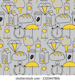 Hand drawn household items supplies in seamless pattern. Vector illustration