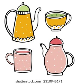 Hand drawn household teapot and cup collection. Colorful tea cups, coffee cups and teapots isolated on white background. Vector illustration of tea time icons for cafe and restaurant menu design.