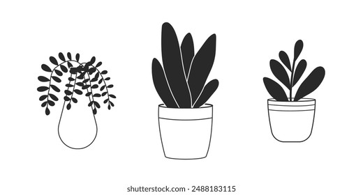 Hand drawn houseplant outline set isolated on white background. Simple doodle style