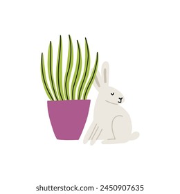 Hand Drawn Houseplant in Pot with Cute Animal Hare. Botanical Vector Illustration