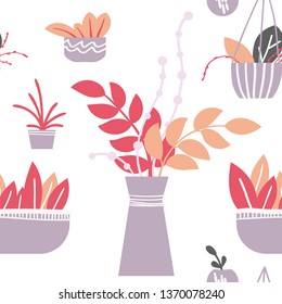 Hand drawn houseplants seamless pattern background. Flower pots and planters. Vector illustration. Perfect for textile, fabric, wrapping paper design