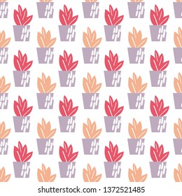 Hand drawn houseplants seamless pattern background. Flower pots and planters. Vector illustration. Perfect for textile, fabric, wrapping paper design