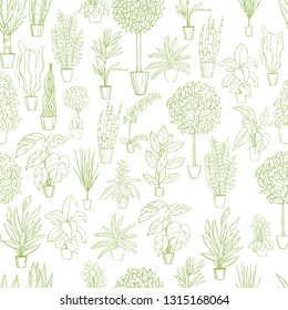 Hand drawn houseplants. Vector seamless pattern .