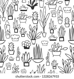 Hand drawn houseplants. Vector seamless pattern .