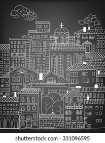Hand drawn houses and buildings. Doodle town and sky with clouds on chalkboard background.