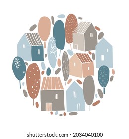 Hand dibujó casas en círculo. Ilustración de esbozo del vector.
