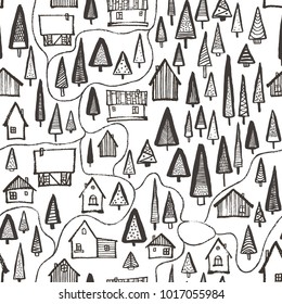 Hand drawn houses in forest map seamless pattern illustration