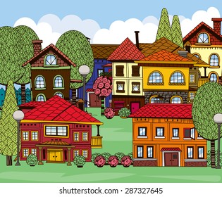 Hand drawn houses, green lawns, trees and garden shrubs. Doodle town on sunny day with blue sky and fluffy white clouds.