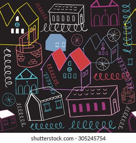 Hand drawn houses pattern, seamless Eps.